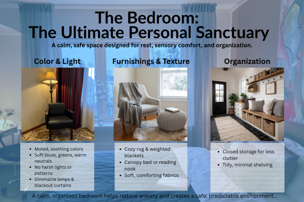 Illustration showing an autism-friendly bedroom highlighting color, lighting, furnishings, textures, and organization for a calming personal sanctuary.