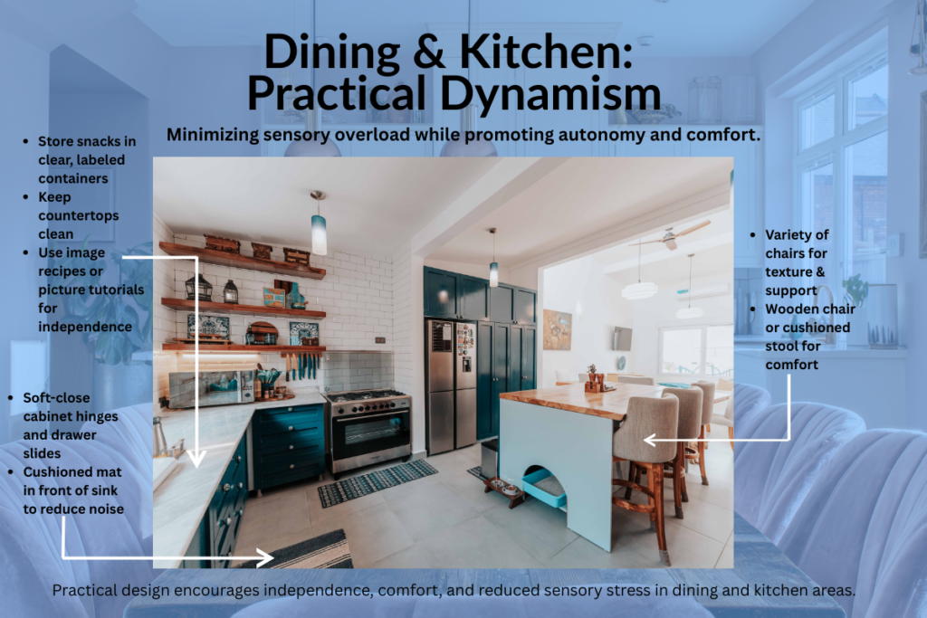 Illustration showing an autism-friendly dining and kitchen space highlighting cleaning procedures, sensory buffers, and varied seating for comfort and independence.