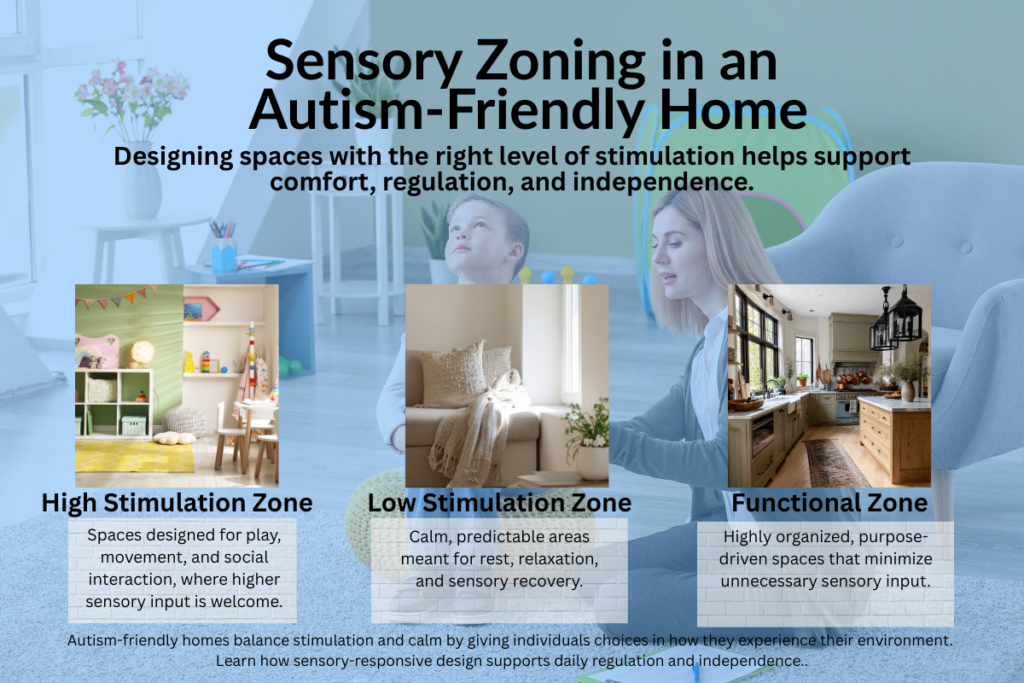Sensory zoning diagram showing high-stimulation, low-stimulation, and functional zones in an autism-friendly home design.