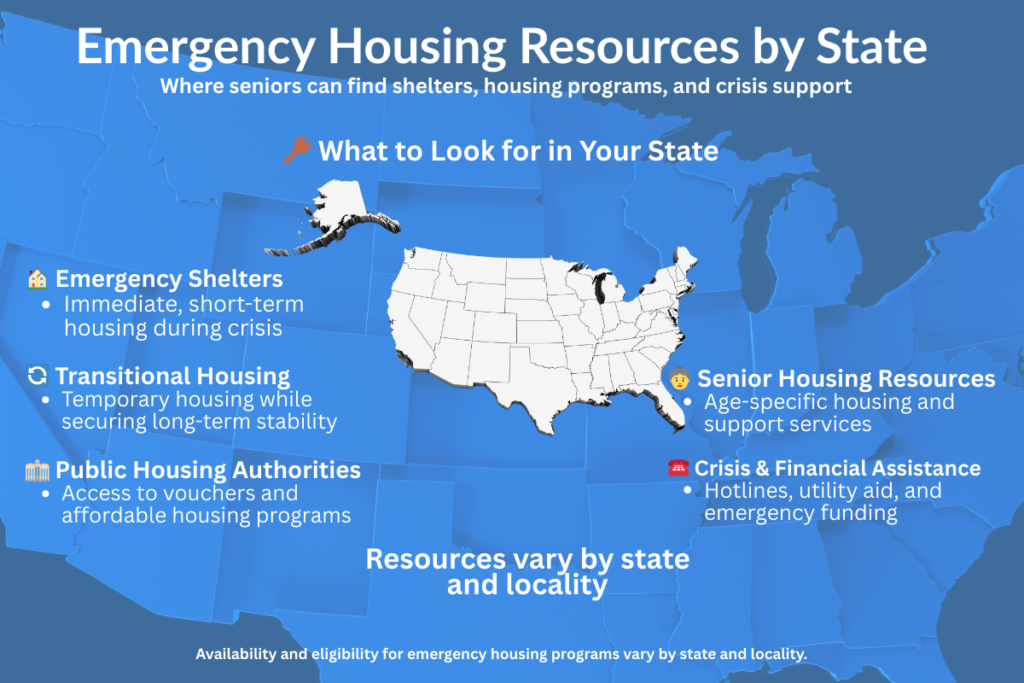 U.S. map highlighting emergency housing resources by state, showing where seniors can find shelters, transitional housing, public housing authorities, and crisis assistance services.